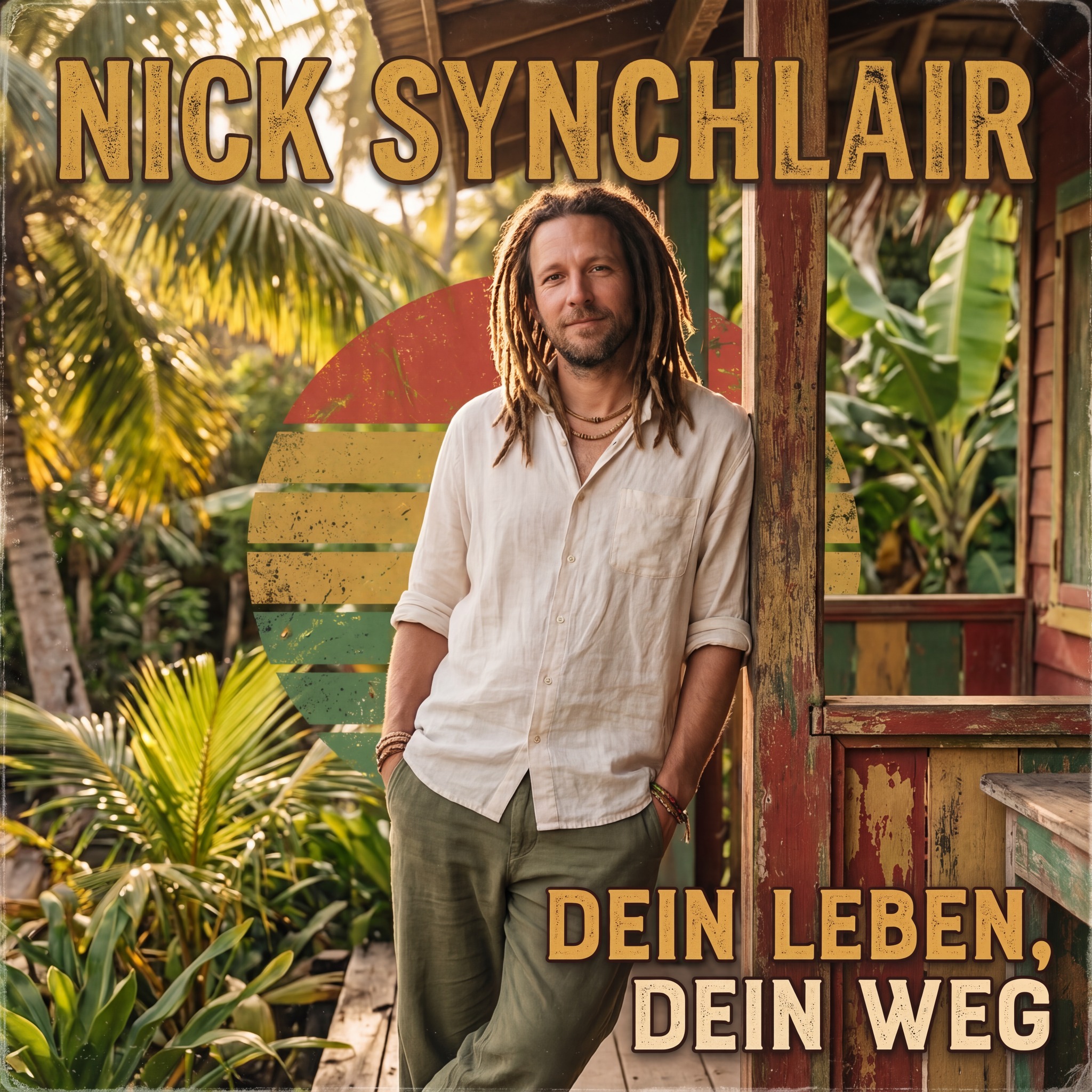 Cover von Dein Leben, dein Weg: Nick Synchlair vor einer tropischen Holzveranda mit Reggae-Farben